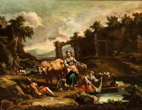 XVIIIe siècle - Bergers et lavandières au bord de la rivière - école Italienne du 18e siècle